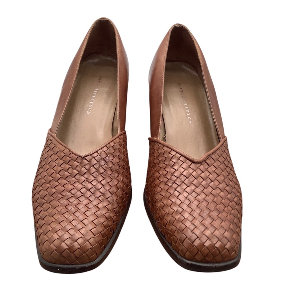 Andiamo Vintage Woven Leather Block Heel Pumps Cognac Brown Made in Brazil 10N